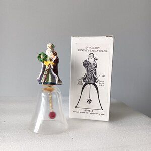 Vintage Intaglio Fantasy Santa Bells Lead Crystal Made in the USA 4" Tall Purple